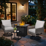 4 Pieces Patio Set with 28” Propane Fire Pit Table, Swivel Wicker Outdoor Patio Chairs w/Coffee Table Rattan Furniture FirePit Set for Outside Grey-Grey FHFO