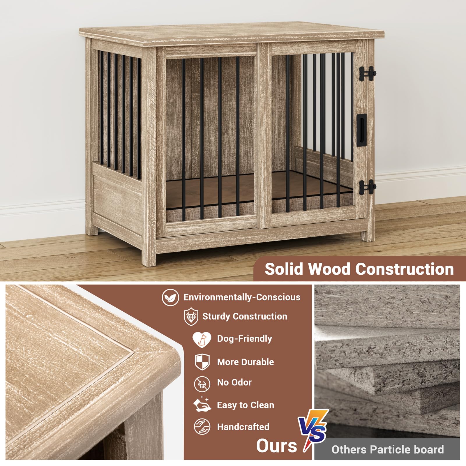 Meadaro 37.4" Dog Crate Furniture Solid Wood with Dog Cushion for Large Dogs, Heavy Duty Dog Kennel Indoor with Sliding Door Chew-Resistant Steel Tube Decorative Dog House Dog Cage Side End T - WoodArtSupply