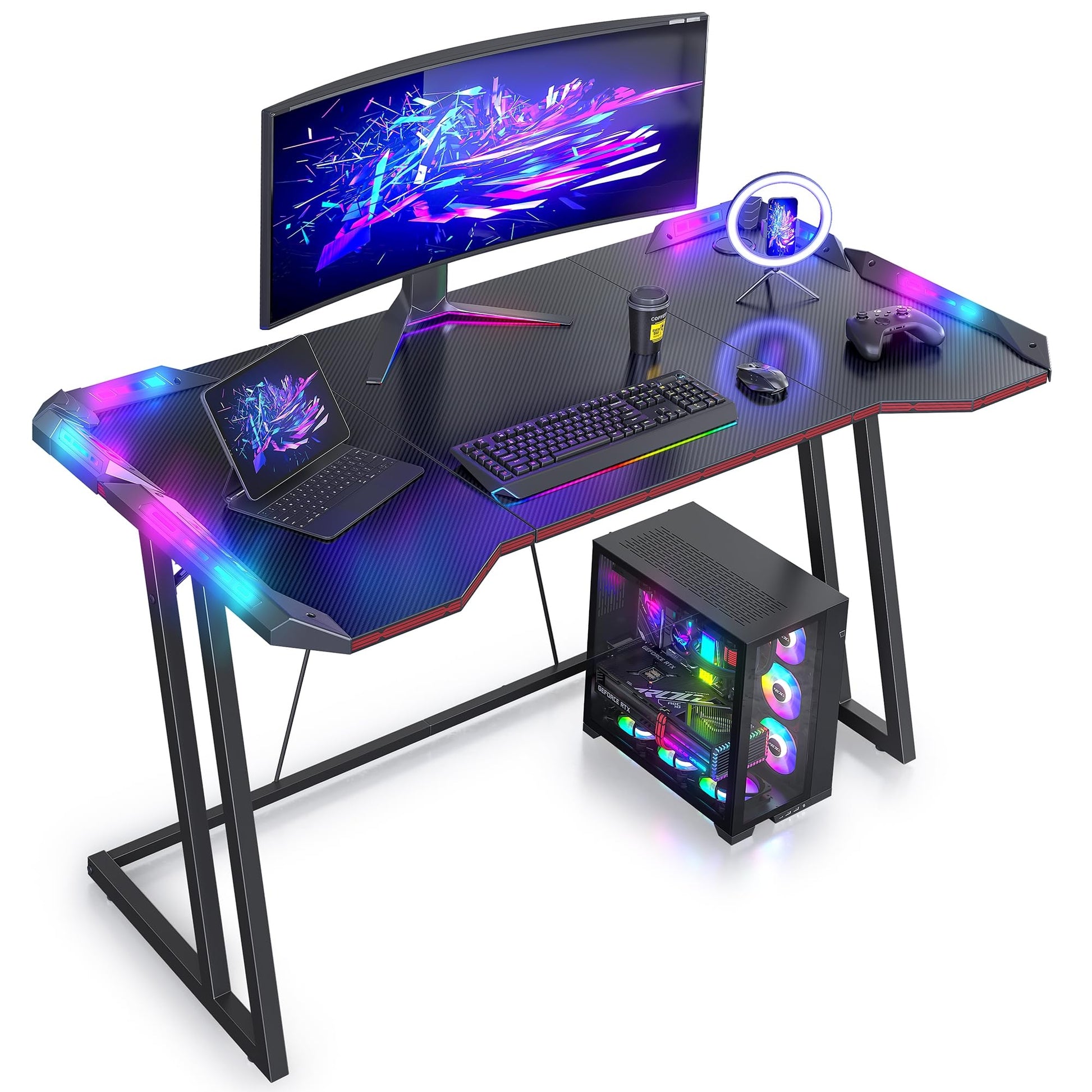 CubiCubi Gaming Desk with LED Lights, 47 Inch Z Shaped Gamer Desk, Home Game Computer Desk with Carbon Fiber Surface, Ergonomic Office PC Workstation with Cable Management, Black - WoodArtSupply