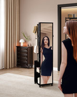 Hzuaneri 8 LEDs Jewelry Cabinet Armoire, 64.8-inch Jewelry Organizer with Garment Rack, Lockable Full-length Mirror with 4 Wheels, Storage Shelves with Hooks, 5-in-1, Black JC17004B Hzuaneri