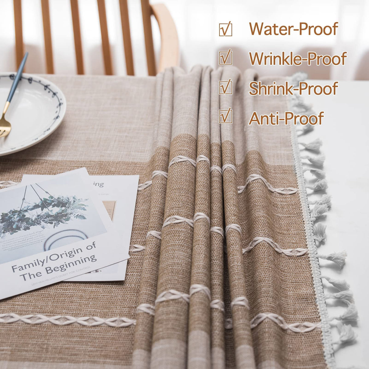 JIALE Tablecloths for Rectangle Tables, Cotton Linen Table Cloth Waterproof Tablecloth Wrinkle Free Farmhouse Dining Table Cover, Soft Fabric Table Cloths with Tassels, Brown, 55" X 70", 4-6 Seats JIALE