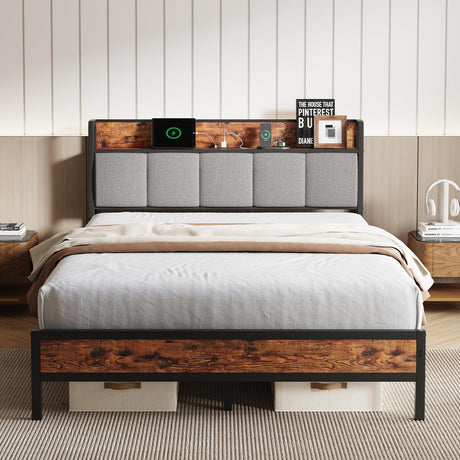 Novilla Queen Bed Frame with Charging Station USB/Type-C & Storage Headboard, Modern Metal Platform Bed Frame, Easy Assembly, Heavy Duty Slats Support, Noise Free, No Box Spring Needed Novilla