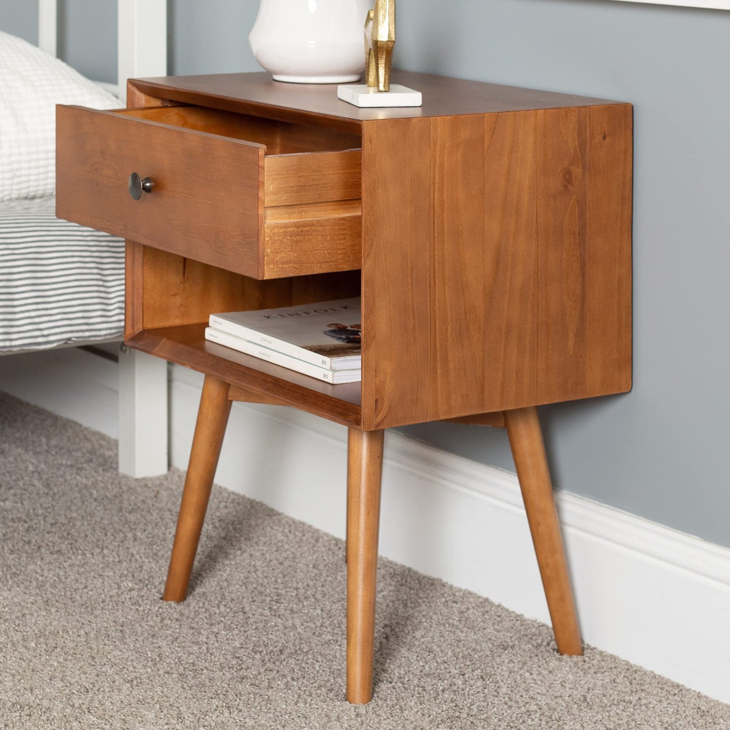 Walker Edison Mid Century Modern Wood Nightstand Side Table Bedroom Storage Drawer and Shelf Bedside End Table, 1 Drawer, Caramel - WoodArtSupply