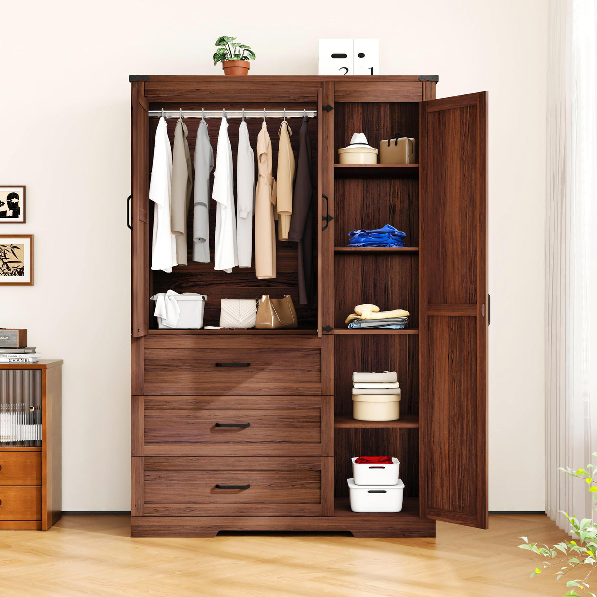 3 Door Armoire Wardrobe Closet Cabinet with 3 Drawers and Drawers, Farmhouse Bedroom Armoire with Hanging Rod and Adjustable Shelves, Large Capacity Storage Wardrobe Armoire for Bedroom, Brown DalyLuxa