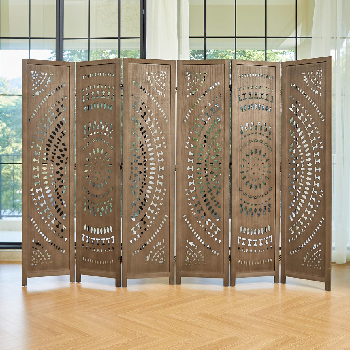 66.9Inch Folding Room Divider, 6 Panels Wood Carved Privacy Screens Free Assembled Freestanding Partition for Bedroom Home Office (Brown) Svimi
