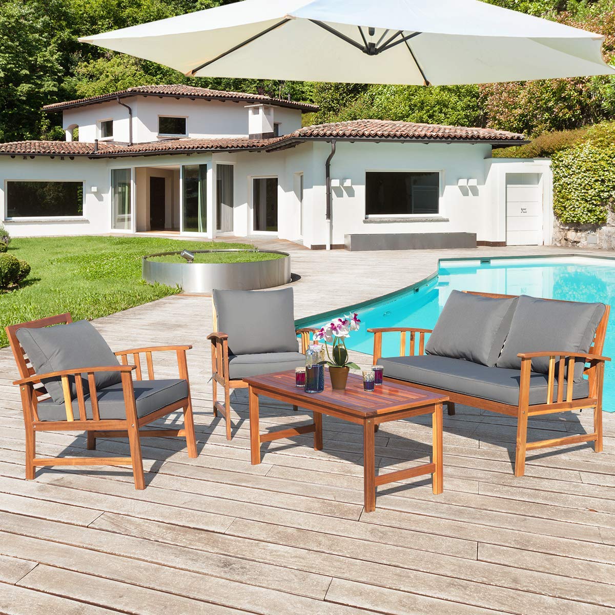 Tangkula 4 PCS Acacia Wood Patio Furniture Set, Outdoor Seating Chat Set with Gray Cushions & Back Pillow, Outdoor Conversation Set with Coffee Table, Ideal for Garden, Backyard, Poolside Tangkula