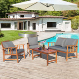 Tangkula 4 PCS Acacia Wood Patio Furniture Set, Outdoor Seating Chat Set with Gray Cushions & Back Pillow, Outdoor Conversation Set with Coffee Table, Ideal for Garden, Backyard, Poolside Tangkula