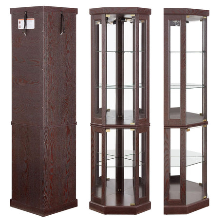 Lighted Corner Display Curio Cabinet Wooden Shelving Unit with Tempered Glass Door, Bar and Liquor Storage Area with 4 Shelves, Wine Cabinet CQSXDA