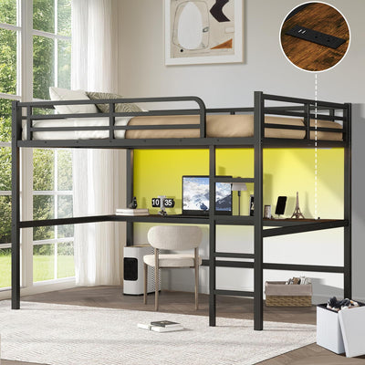 MAKIAAP Loft Bed with Desk & Ladder, Metal High LoftBed Frame with LED Lights & Charging Station, Sturdy Noise-Free Loft Bed for Kids, Teens & Adults, Space-Saving Design (Black, Queen)