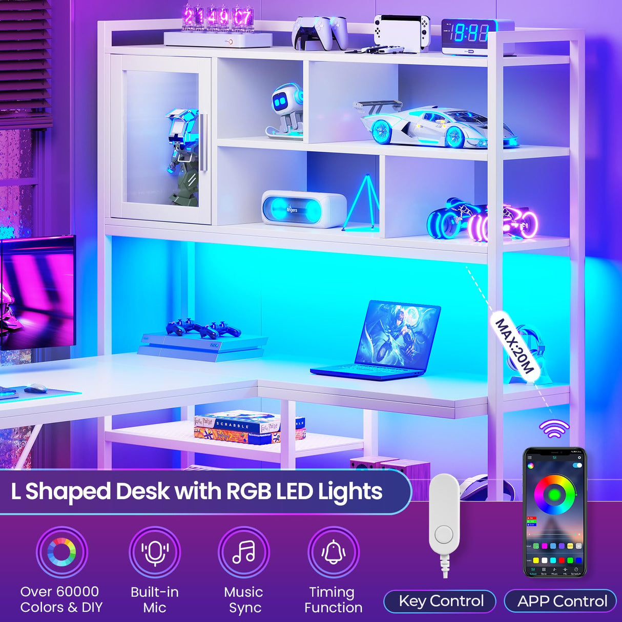 SEDETA L Shaped Computer Desk, 58'' Office Desk with LED Light and Bookshelf, L Shaped Corner Desk with Storage Shelves for Home Office, Gaming Desk, L Desk, White SEDETA