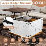 Lift Top Coffee Table with Storage Farmhouse Square Rustic Center Table for Living Room, LED Lights, Charging Station, Hinged Soft Close, Large Hidden Storage, Modern, Metal Corner, White Wood VVFLU