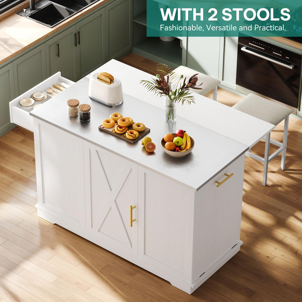 YITAHOME Kitchen Islands with Seating, 47" Mobile Storage Island with Trash Can, Rolling Kitchen Island Cart with Drop Leaf & Stainless Steel Countertop, Bar Table with 2 Stools, Spice Rack, White YITAHOME