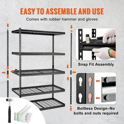 VEVOR Storage Shelving Unit, 5-Tier Adjustable Storage Shelves, 48" L x 24" W x 72" H Heavy Duty Garage Storage Shelves, Metal Shelves for Kitchen Pantry Basement Bathroom Laundry