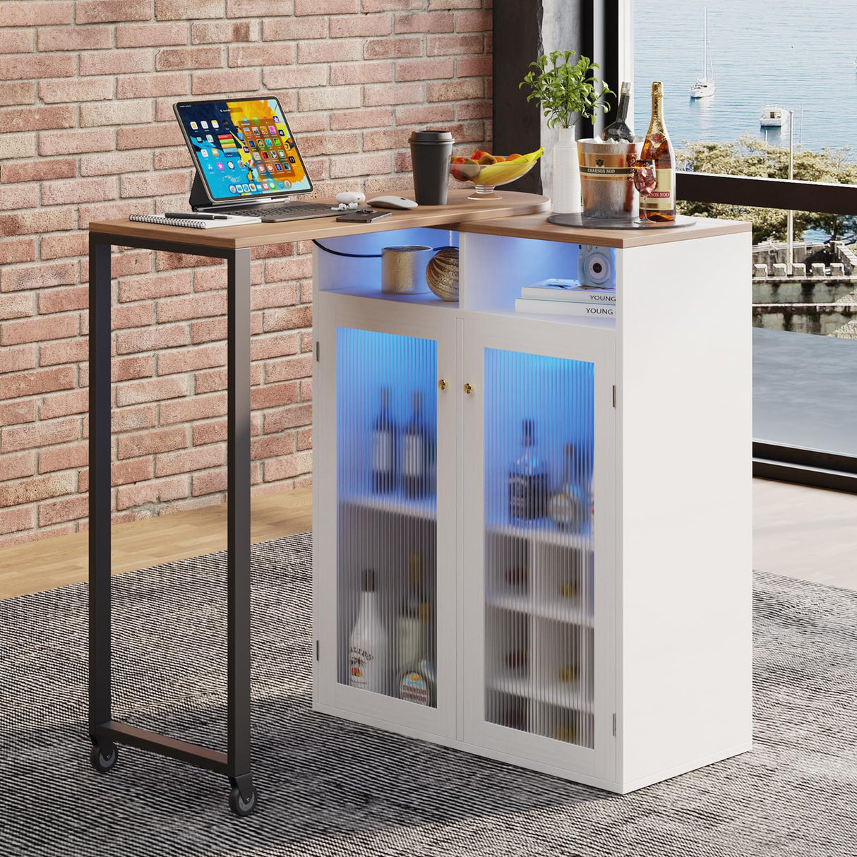 amzzar Wine Bar Cabinet with LED Lights, Small Liquor Cabinet for Home with Glass Holders and Wine Racks, Mini Home Bar with Power Outlet, Modern Rotating Coffee Bar Table for Office (White) amzzar