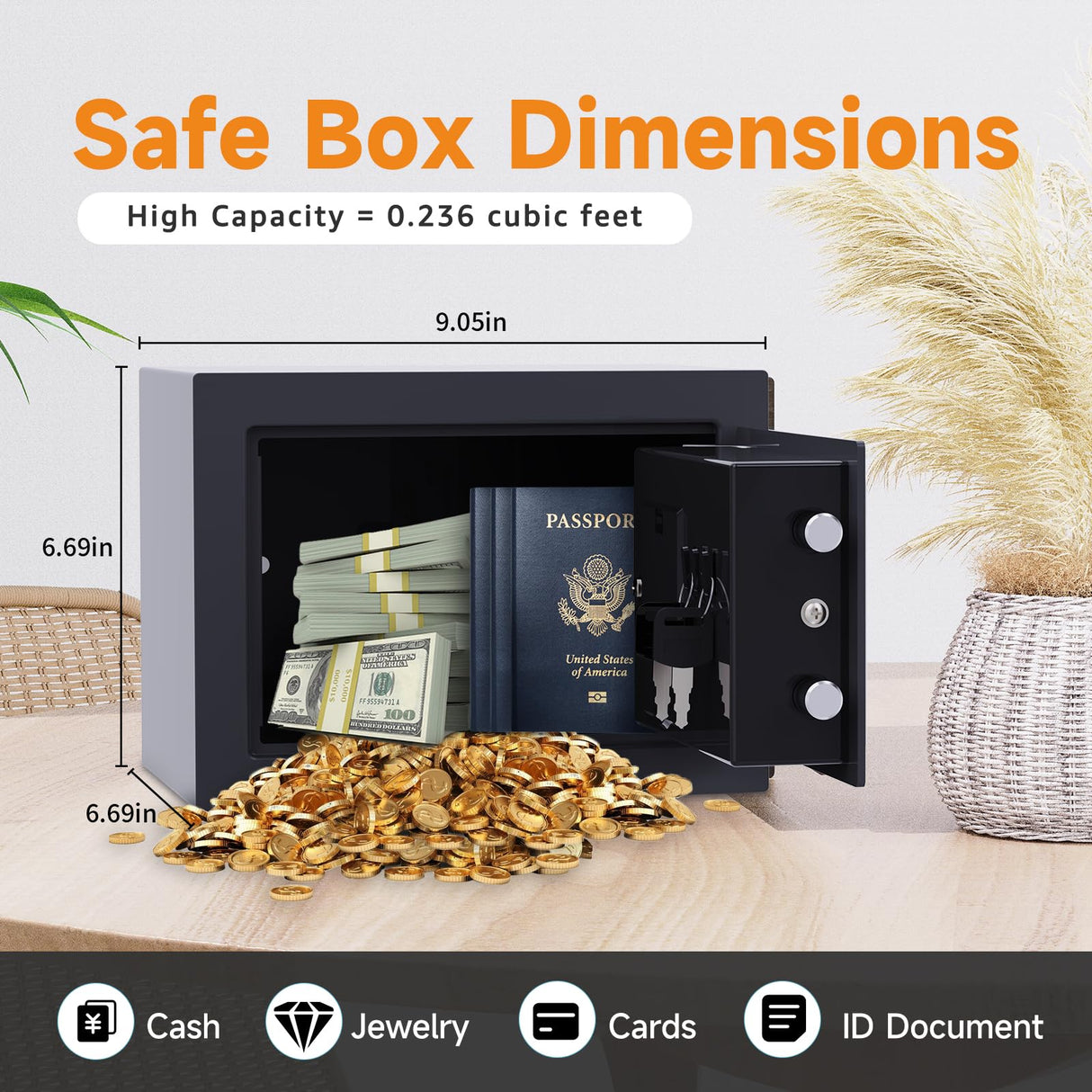 Goldenkey Home Safe for Money, Digital Small Money Safe for Cash and Coin, Kids Safe Bank with Keys&Code, Mini Safe Box for Home, 6.69"D x 9.05"W x 6.69"H, 0.236 Cu.Ft. GOLDENKEY