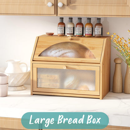 Vriccc Large Bread Box, Bamboo Wood Bread Box for Kitchen Counter, Double-layer Bread Storage Bin, Acrylic glass with Diamond Patterns