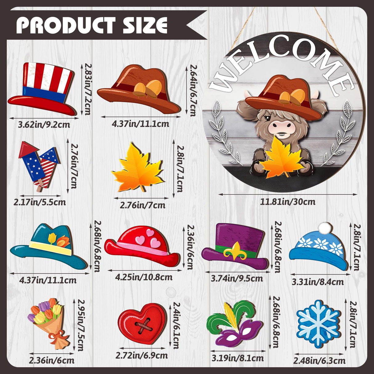 35 Pcs Christmas Interchangeable Highland Cow Welcome Sign Highland Cow Seasonal Wooden Hanging Door Decor Thanksgiving Farmhouse Hanging Sign for Front Door Xmas Party Decoration Gift(Dark Gray) Vicenpal