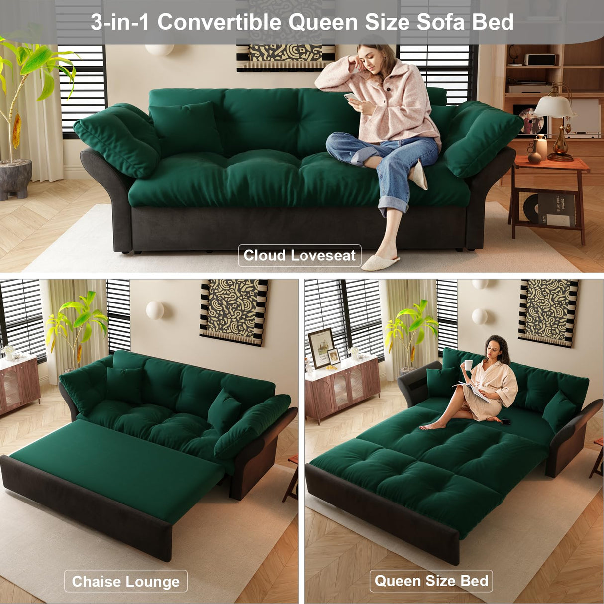 KIVENJAJA 74.8” Queen Pull Out Sofa Bed, 3 in 1 Convertible Sleeper Sofa Futon Pullout Couch, Velvet Tufted Cloud Loveseat with 2 Pillows for Living Room Bedroom Apartment, Emerald Green KIVENJAJA