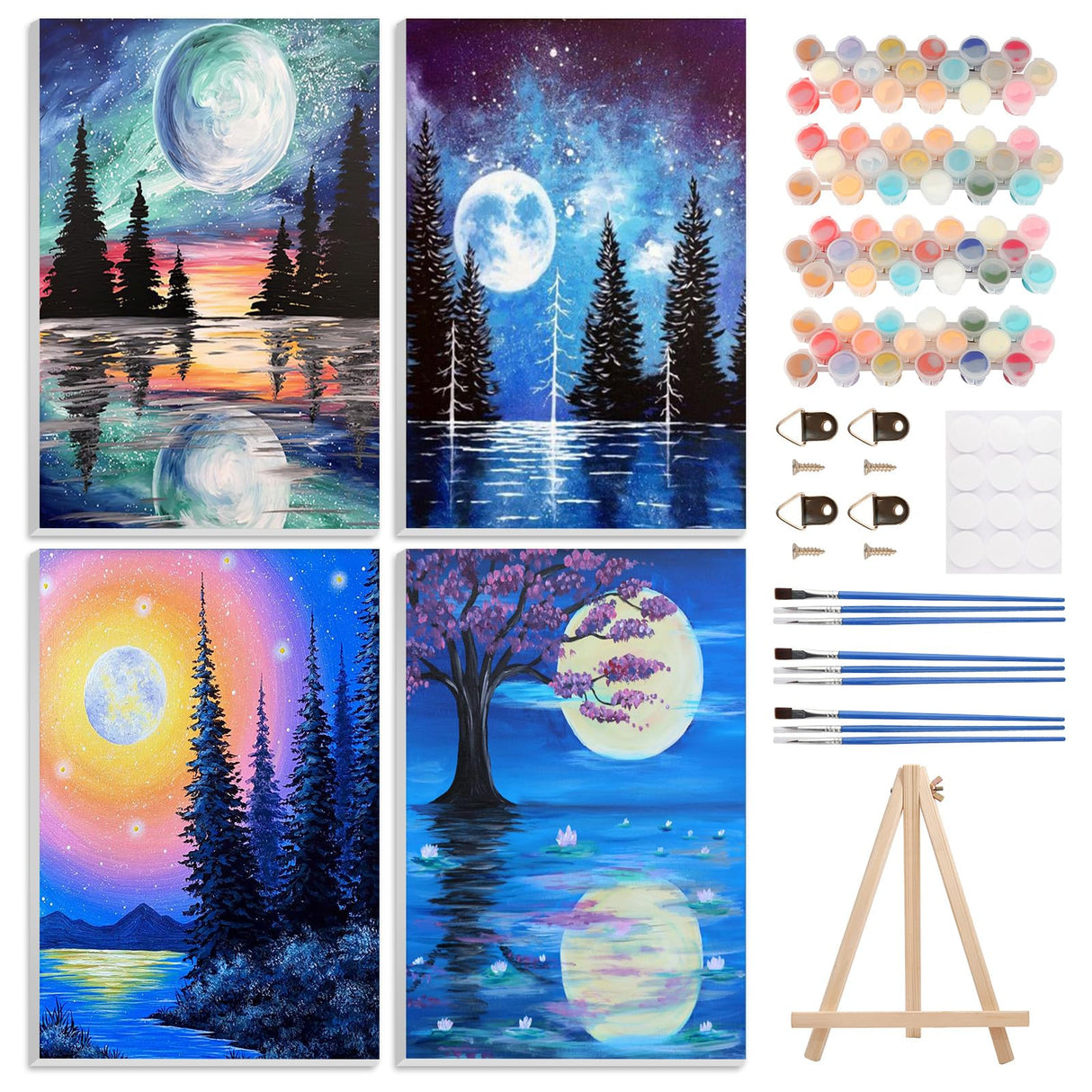 4 Pack Paint by Numbers Kits for Adults Beginners Framed Canvas, Adult Paint by Number Kit with Easel, Moon Mountain Landscapes Painting by Numbers for Beginners, Arts and Crafts for Decor 8x12inch Genius maker