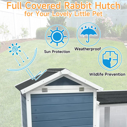 RUNSHED Rabbit Hutch 2-Story Bunny Cage Small Animal House for Indoor Outdoor Wooden Rabbit Cage with No Leak Tray Waterproof Roof (56.8" L x 22.5" W x 34.7" H, Grey Blue&White) - WoodArtSupply