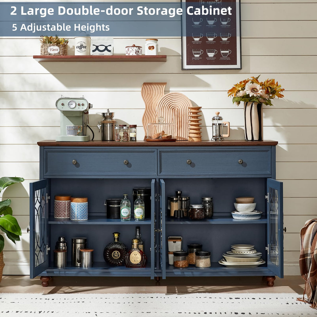 Joaxswe Farmhouse Sideboard Buffet Cabinet with Storage,59" Large Credenza with 4 Glass Doors & 2 Drawers,Adjustable Shelves Console Table,Wood Kitchen Coffee Bar for Dining Room,Living Room,Navy Blue Joaxswe