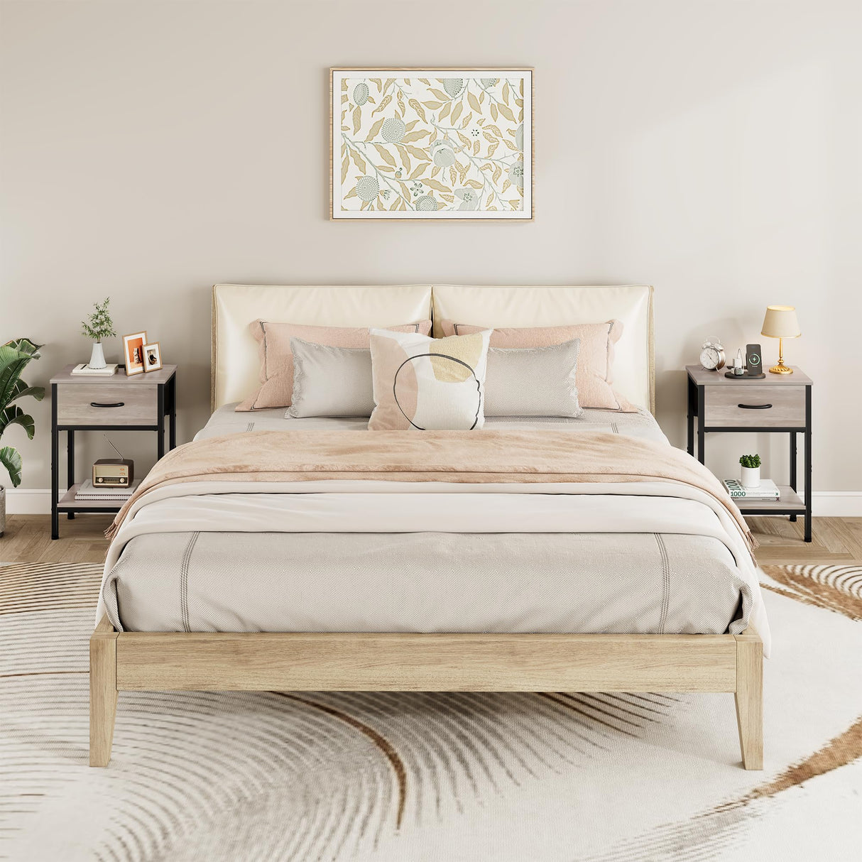 Vagusicc Nightstand Set of 2 with Charging Station, Bed Side Table with Fabric Drawer, Small End Table with 2-Tier Storage Shelves, 25.4" Tall Night Stand Bedside Table for Bedroom Living Room, Greige Vagusicc