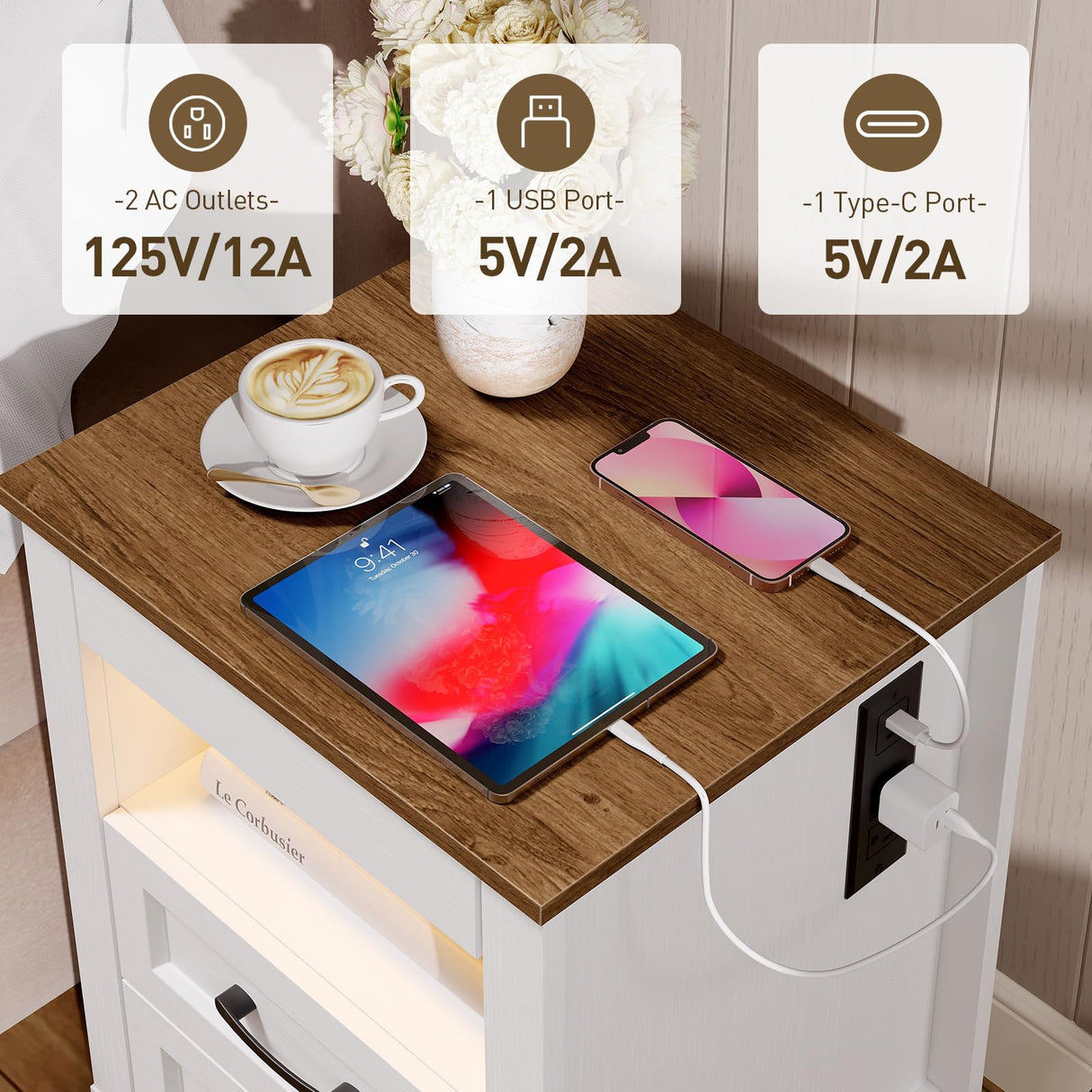 RALGEND Farmhouse Nightstand with Gun Drawer, Bedside Table with Charging Station and LED Light, Night Stand with 3 Drawers, End Table for Bedroom, Living Room, White and Walnut RALGEND