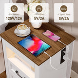 RALGEND Farmhouse Nightstand with Gun Drawer, Bedside Table with Charging Station and LED Light, Night Stand with 3 Drawers, End Table for Bedroom, Living Room, White and Walnut RALGEND