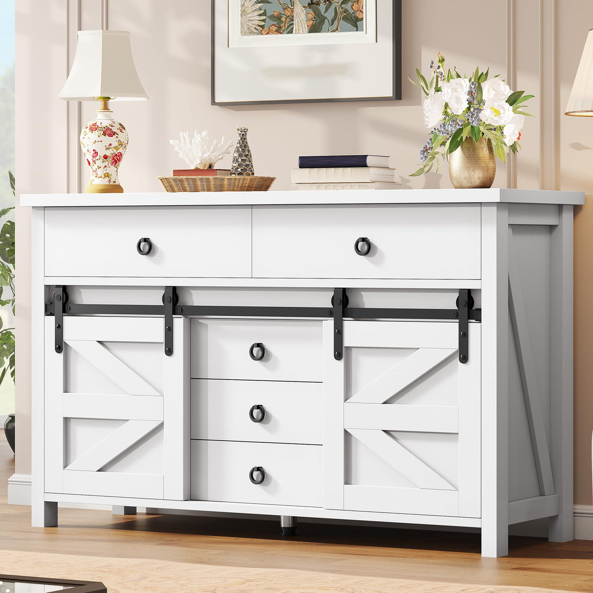 YITAHOME 54" Farmhouse Dresser for Bedroom, Large Modern Chest of Drawers, Wood Rustic Dresser TV Stand with 5 Drawers & 2 Sliding Barn Doors for Living Dining Room, Entryway, Hallway, White YITAHOME