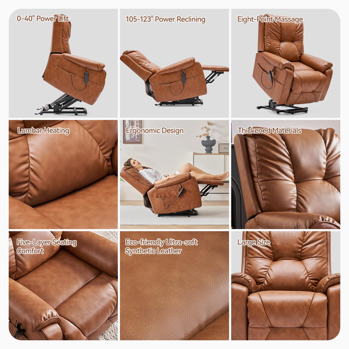 AIRSKY Power Lift Recliner Chair, Faux Leather, with Vibration Massage & Lumbar Heating, Dual Cup Holders & Side Pockets, Ideal for Elderly, Living Room, P3, Brown AIRSKY