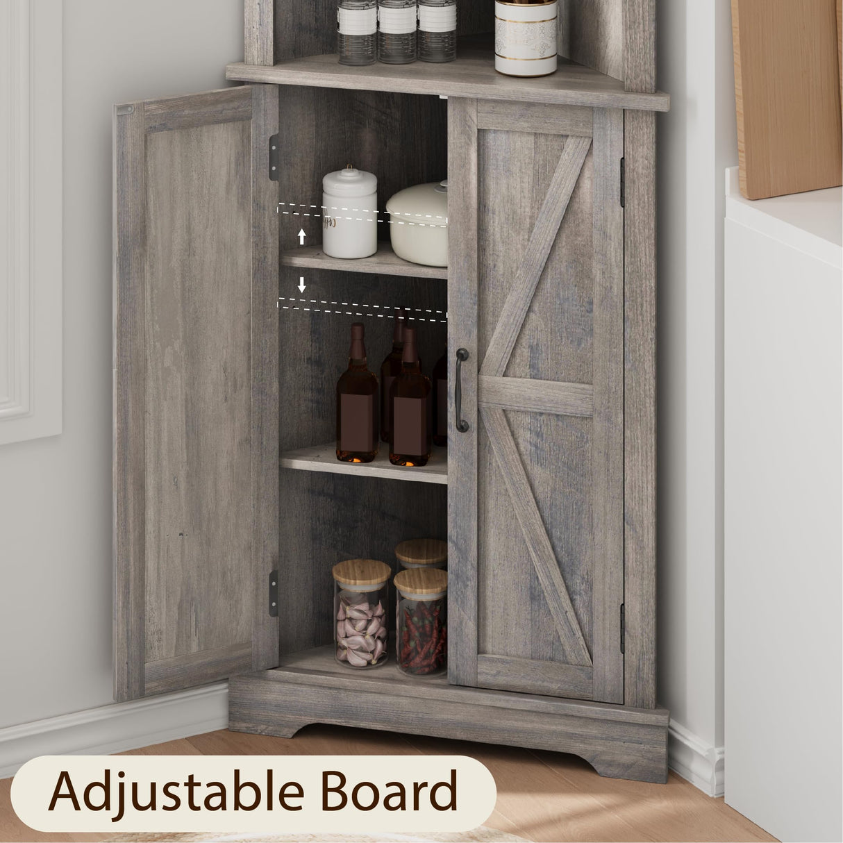 Smuxee Tall Corner Storage Cabinet, Farmhouse Corner Cabinet with Barn Door and Adjustable Shelf, Wash Grey Freestanding Cabinet Organizer for Bathroom, Kitchen, Living Room Smuxee