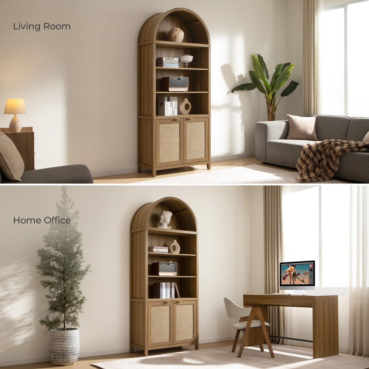 SICOTAS Book Shelf Arched Cabinet Bookshelf Arch 84.2" Tall Bookcase 5 Tier Large Bookshelves with Doors Storage Rattan Boho Wide Book Shelves Case for Living Room Kitchen Office Bedroom Library SICOTAS