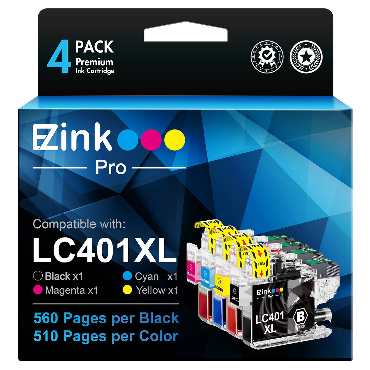 E-Z Ink Pro LC401XL LC401 Compatible Ink Cartridges Replacement for Brother LC401XL LC 401 XL to use with MFC-J1010DW MFC-J1012DW MFC-J1170DW (Black Cyan Magenta Yellow, 4 Pack) E-Z Ink Pro