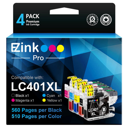 E-Z Ink Pro LC401XL LC401 Compatible Ink Cartridges Replacement for Brother LC401XL LC 401 XL to use with MFC-J1010DW MFC-J1012DW MFC-J1170DW (Black Cyan Magenta Yellow, 4 Pack)