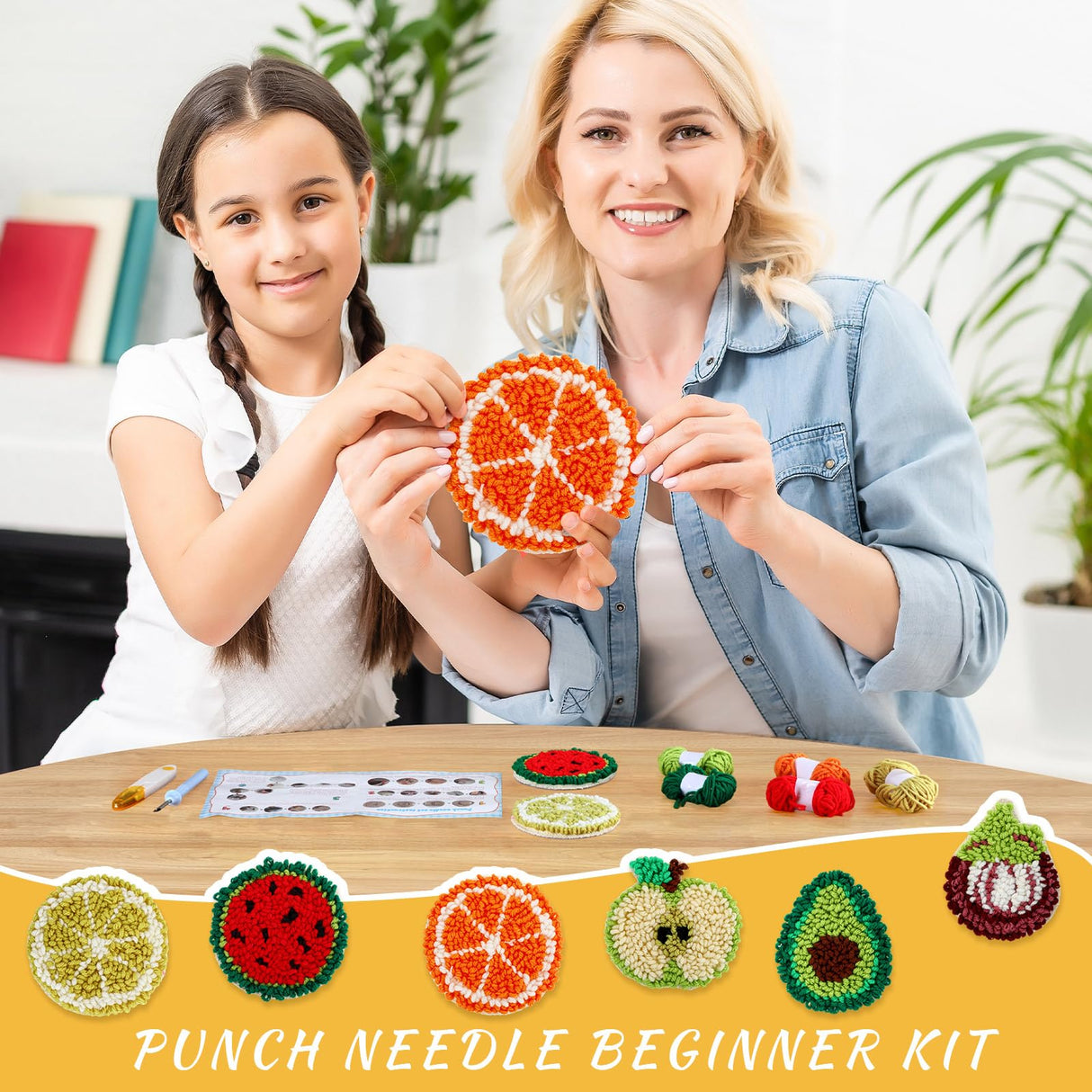 Yaomiao 6 Pcs Fruit Punch Needle Coaster Kit Punch Needle Embroidery Kits Craft Supplies with Patterns Yarns Tools Adhesive Felt Embroidery Hoop Instruction Holder for Adult DIY Yaomiao