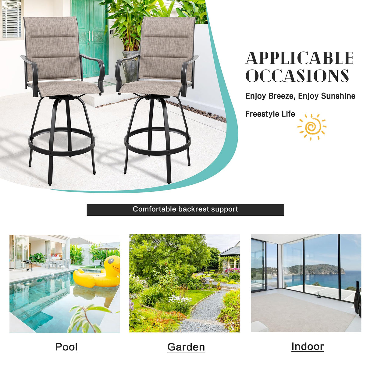 Vongrasig 4 Piece Outdoor Patio Swivel Bar Chairs, All Weather Padded Sling Textile High Top Bar Stools, Bistro Set for Backyard, Lawn Garden, Balcony, Gray Vongrasig