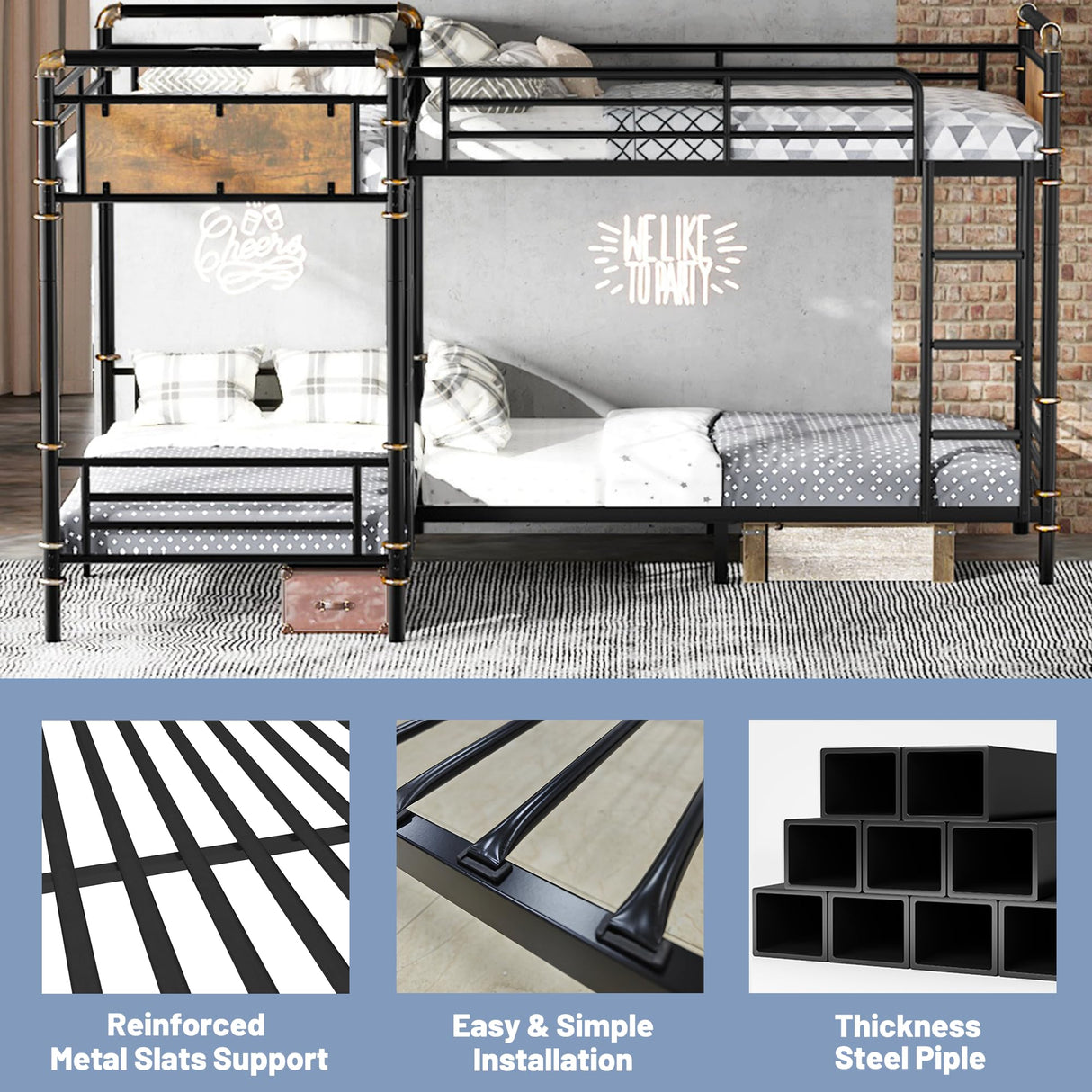 Mirightone Metal Quad Bunk Bed, Heavy Duty Industrial L-Shaped Bunk Bed with Ladders, Detachable Corner 4 Bed Bunk Bed for Kids, Teens, Space Saving Design,Can Be Divided Into 3 Twin Beds, Black Mirightone