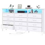 Dresser for Bedroom White Bedroom Dresser with LED Lights and Charging Station, 12 Long Fabric Drawers Dressers, Tall Wide Chest of Drawers Storage Organizer TV Stand for up to 65" TV for Living Room SOOWERY