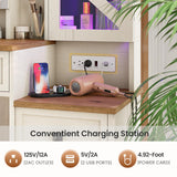 AOGLLATI Farmhouse Vanity Desk with Mirror and Lights, Makeup Vanity Set with Lights & Jewelry Cabinet & 5 Drawers, Vanity Table with Charging Station, Hidden Storage Space for Bedroom, Antique White AOGLLATI