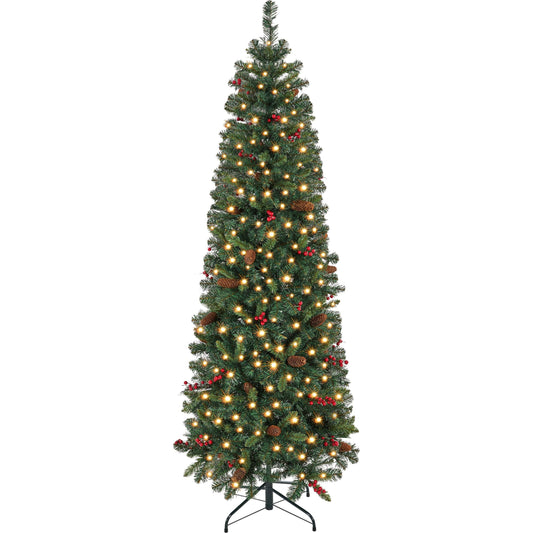 Yaheetech 6ft Pre-lit Pencil Spruce Christmas Tree, Artificial Slim Xmas Fir, Pre-Decorated for Home, Office, Party, Holiday Decor W/ 618 Tips, 200 Lights, Pine Cones, Metal Hinges & Base, Green