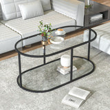 Wolawu Coffee Table Black Glass Coffee Table for Living Room,2 Tiers Oval Center Table with Sturdy Metal Frame,Modern Tempered Glass Accent Table for Bedroom Home Office Wolawu