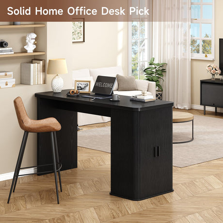 ONBRILL 59 Inch Kitchen Island with Storage, Fluted Counter Height Table, Mid-Century Modern Kitchen Island Table with Sliding Door, Home Bar Tables with Wine Rack and Drawers Black ONBRILL