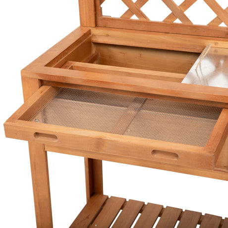 Outsunny Garden Potting Bench, Outdoor Wooden Workstation Table w/Metal Screen, Drawer, Hooks, Storage Shelf, and Lattice Back for Patio, Backyard and Porch Outsunny
