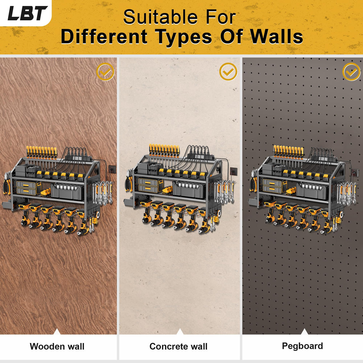 LBT 4 Layer Power Tool Organizer Wall Mount With Charging Station, Patented, 6 Outlet Power Strip, 6 Drill Holder, Heavy Duty Metal Garage Tool Storage Rack, Gifts For Men Fathers Day LBT