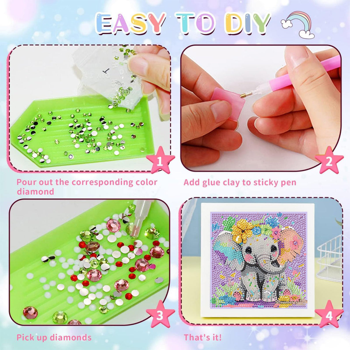 Elephant Diamond Art Painting Kits for Kids with Frame, Animal Diamond Art for Kids Ages 4-8-12, Easy Kid Gem Painting Kit with Beautiful Package for Gift Home Wall Decor (7x7 inch) xackcme