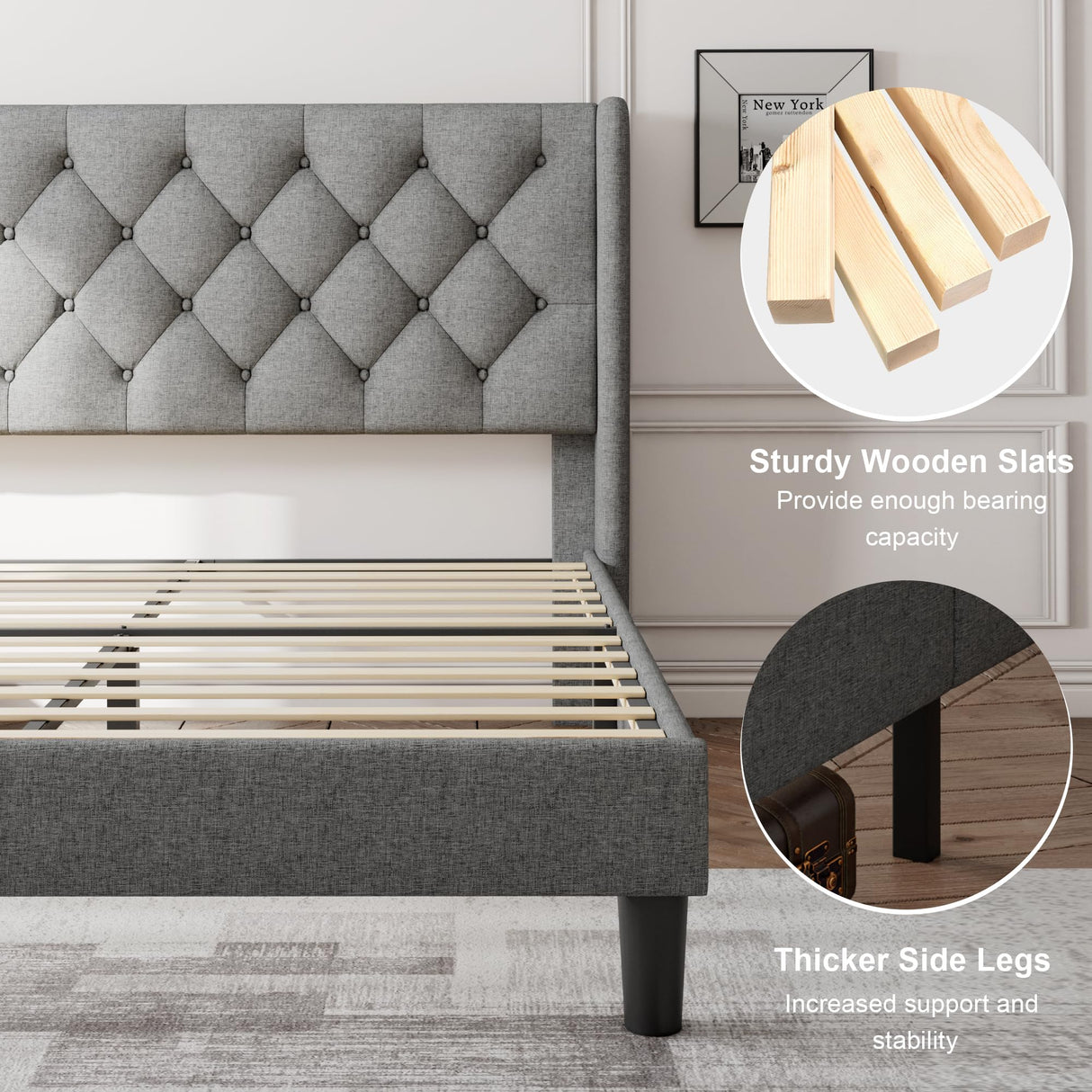 Feonase Queen Bed Frame with Upholstered Wingback Headboard, Platform Bed and Heavy Duty Wooden Slats Support, Easy Assembly, Noise-Free, No Box Spring Needed, Light Gray Feonase