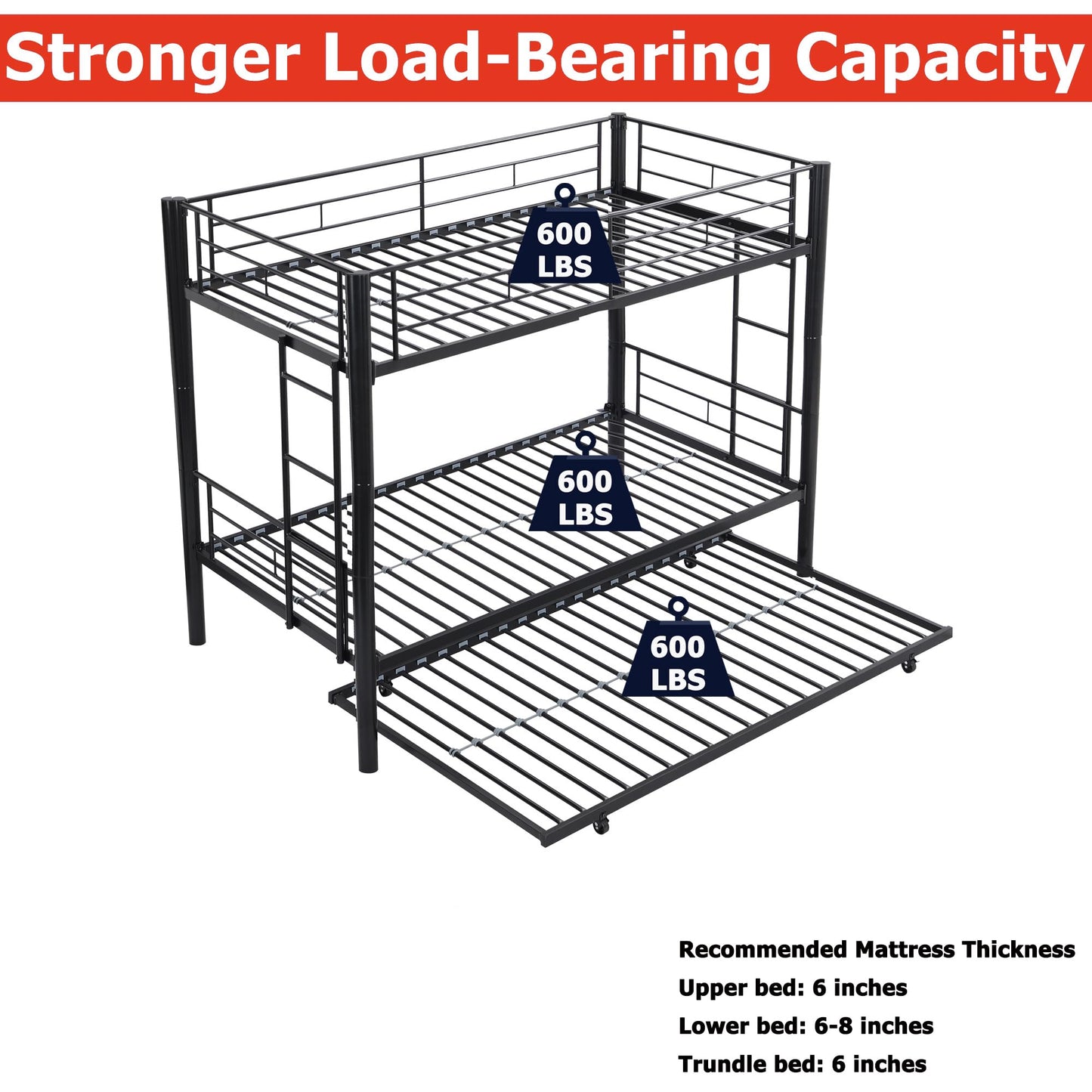 ZMIZAKOY Heavy Duty Metal Twin Over Twin Bunk Bed with Trundle & Sturdy Guard Rail & 2 Side Ladders (Black)