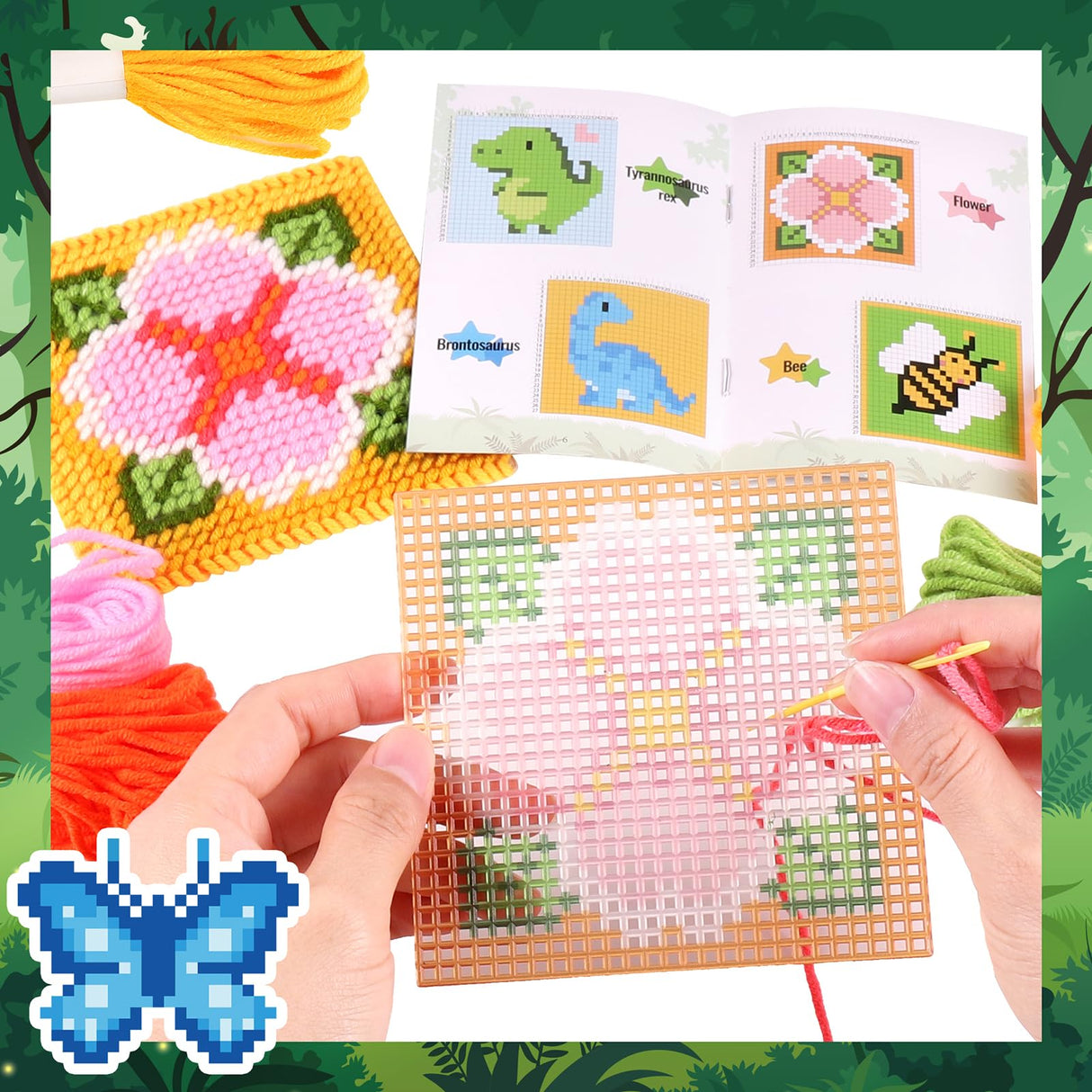 Pllieay 10-in-1 Cross Stitch Beginner Kit for Kids, Embroidery Kit Includes 10pcs Plastic Mesh Canvas with Pattern, 15 Yarns, 5 Weaving Needles, Needle Points Starter Sewing Set with Instructions Pllieay