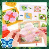 Pllieay 10-in-1 Cross Stitch Beginner Kit for Kids, Embroidery Kit Includes 10pcs Plastic Mesh Canvas with Pattern, 15 Yarns, 5 Weaving Needles, Needle Points Starter Sewing Set with Instructions Pllieay