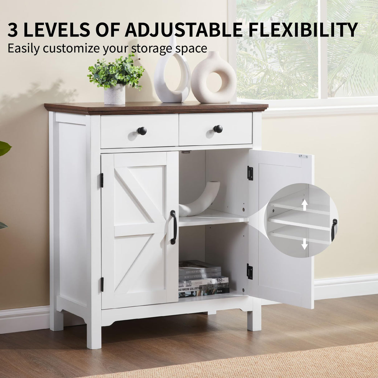 Farmhouse Buffet Cabinet with 2 Drawers & Adjustable Shelf, 2 Barn Door Storage Sideboard for Kitchen, Entryway, Living Room, White eShelf